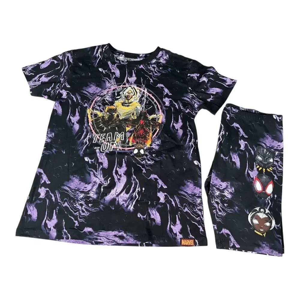Marvel Logo Kids T-Shirt and Shorts Set Teams Up Size XL 14 Black Purple Yellow